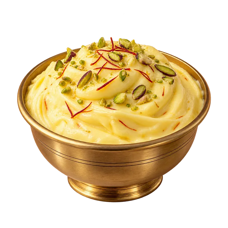 Illustrative saffron shrikhand in a brass bowl