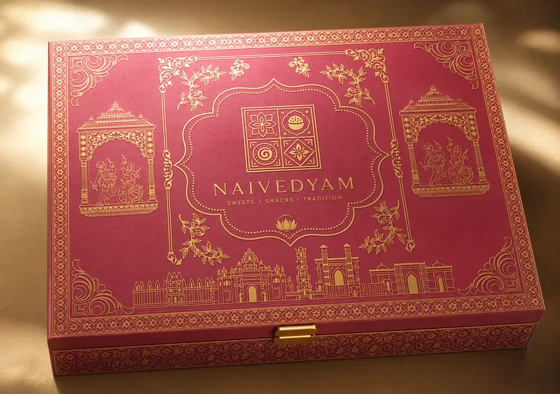 Heritage-inspired Naivedyam packaging artwork