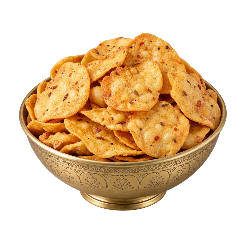Illustrative tikhi papdi in a brass bowl