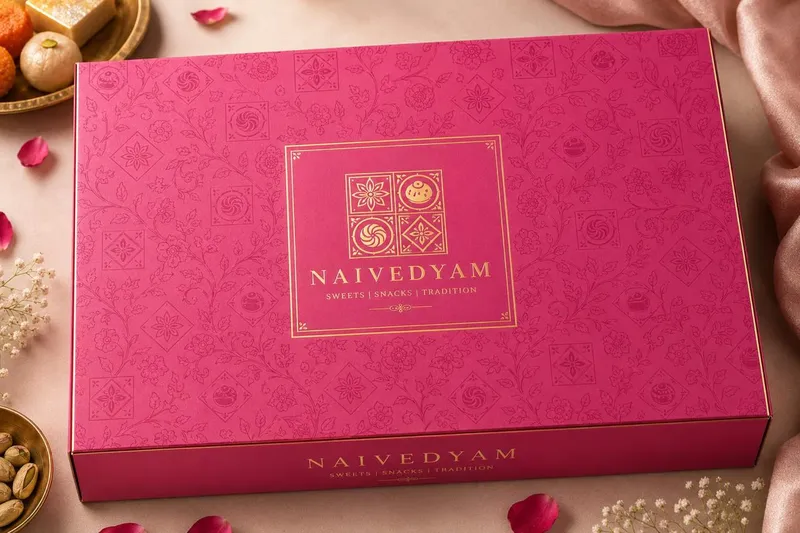 Supplied pink Naivedyam packaging design